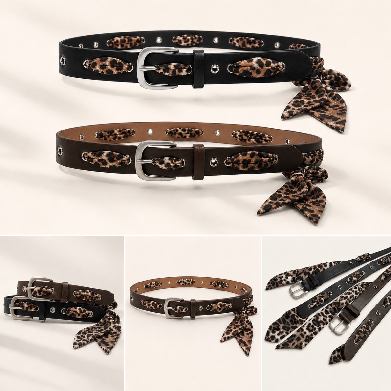 Ceinture Écharpe Tendance Imprimé Léopard avec Cordon de Serrage Style Américain Vintage Unique Polyvalente et Instagram-Worthy