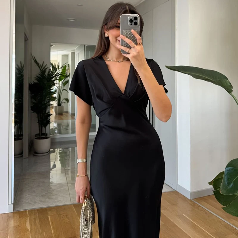 Robe longue en Satin plissée pour femmes, élégante, couleur unie, col en v, manches courtes, Robes de soirée, Chic, vacances, plage, été, 2025