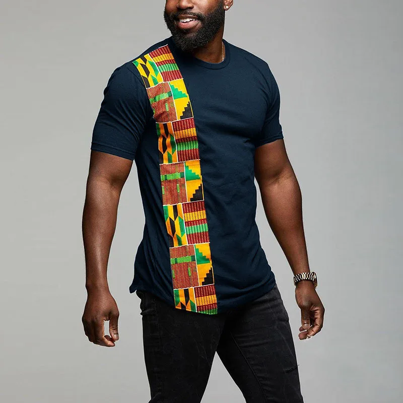 T-shirt Africain à Manches Courtes et Col Rond pour Homme, Vêtement avec Patchwork de Documents Imprimés, Style Ankara, Noir
