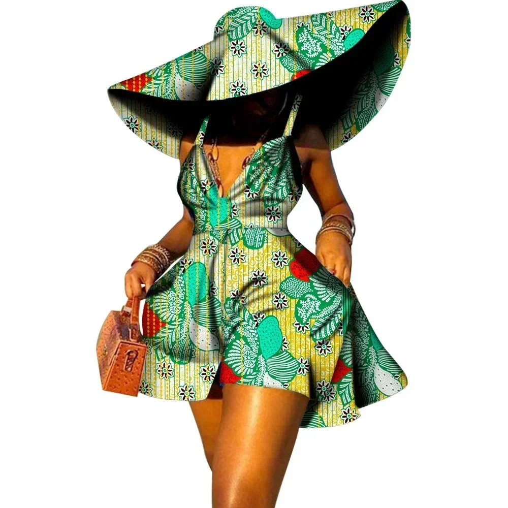 Robe d'été à imprimé africain pour femmes, combinaison sexy, col en v, pantalon court avec chapeau, vêtements africains, tenue de dame, WY8844