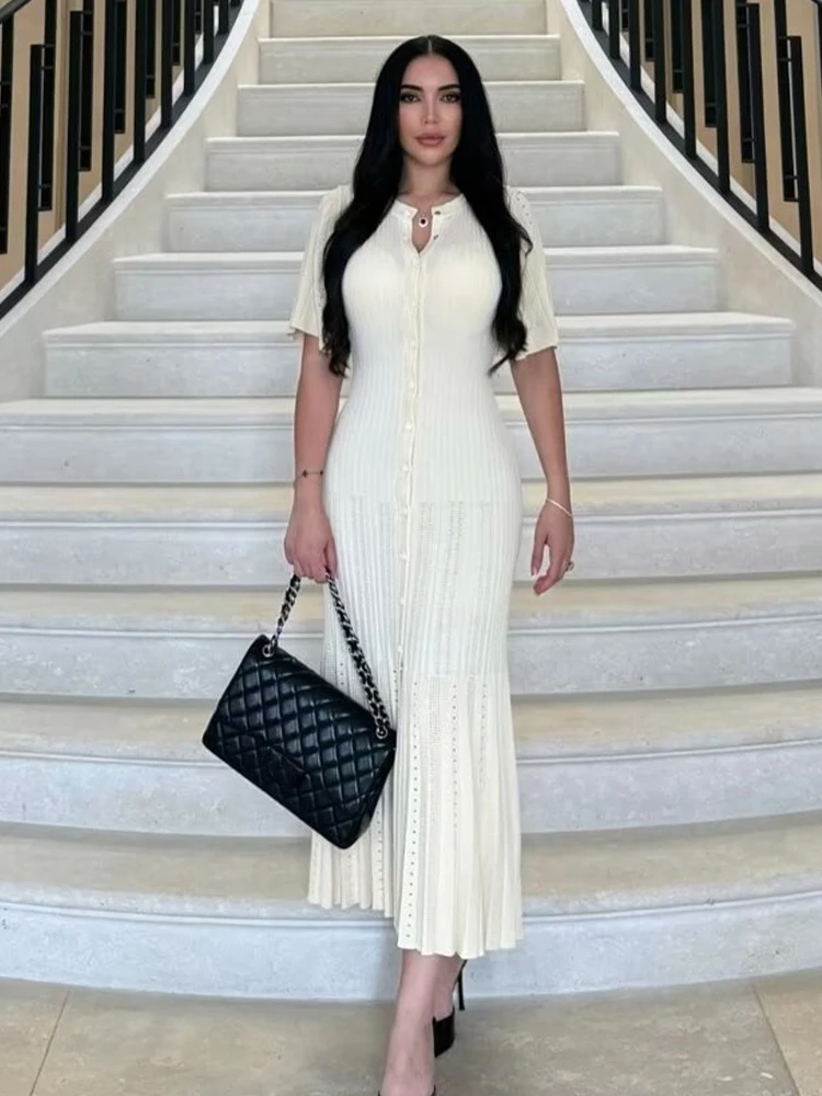 Robe longue tricotée pour femmes, élégante, col rond, décontractée, couleur unie, manches courtes, boutons, taille haute, mode féminine