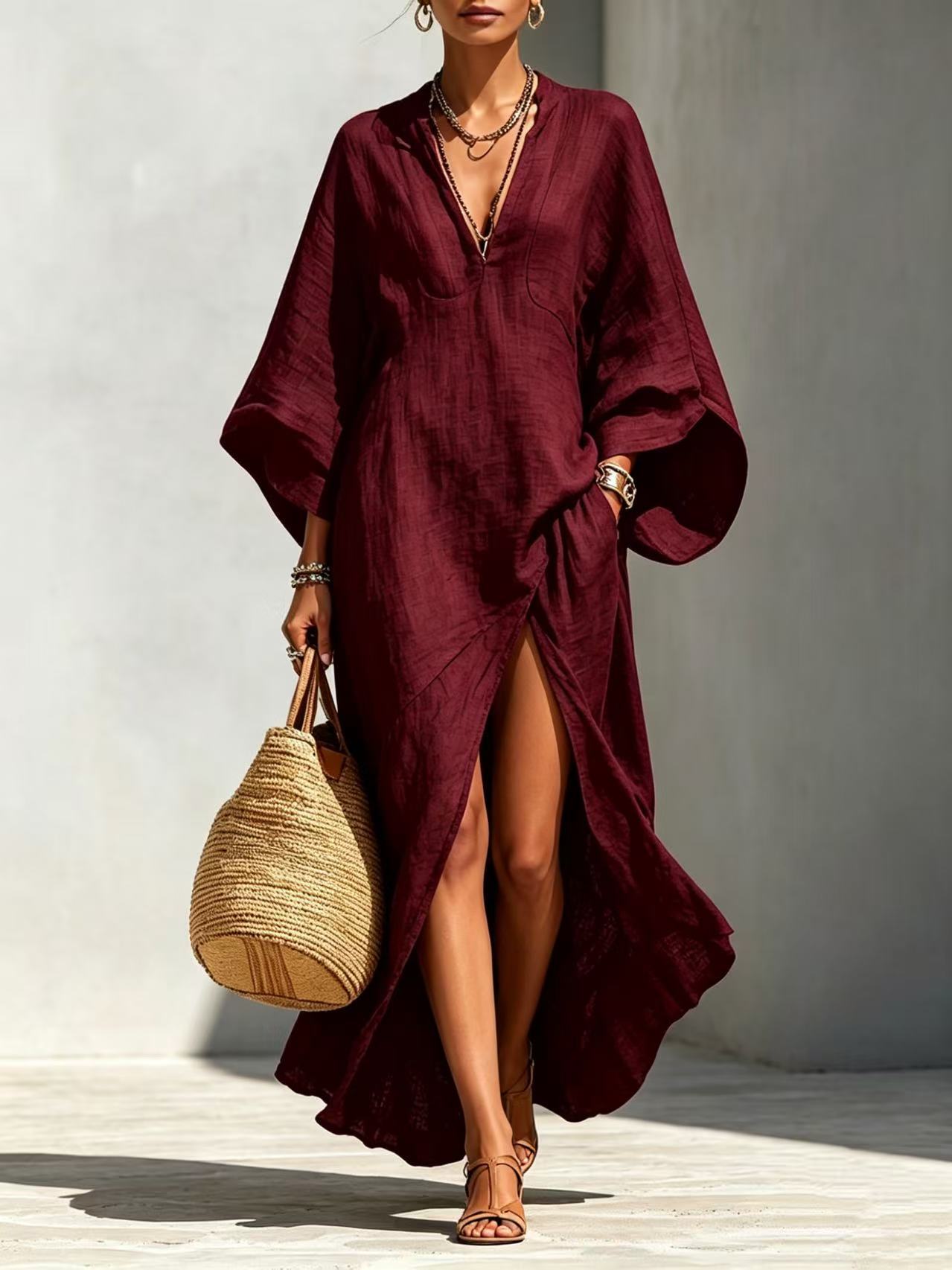 Robe longue bohème pour femme, col en V, beige, mélange de lin, caftan long, fente latérale haute, manches chauve-souris oversize, robe de plage pour les vacances