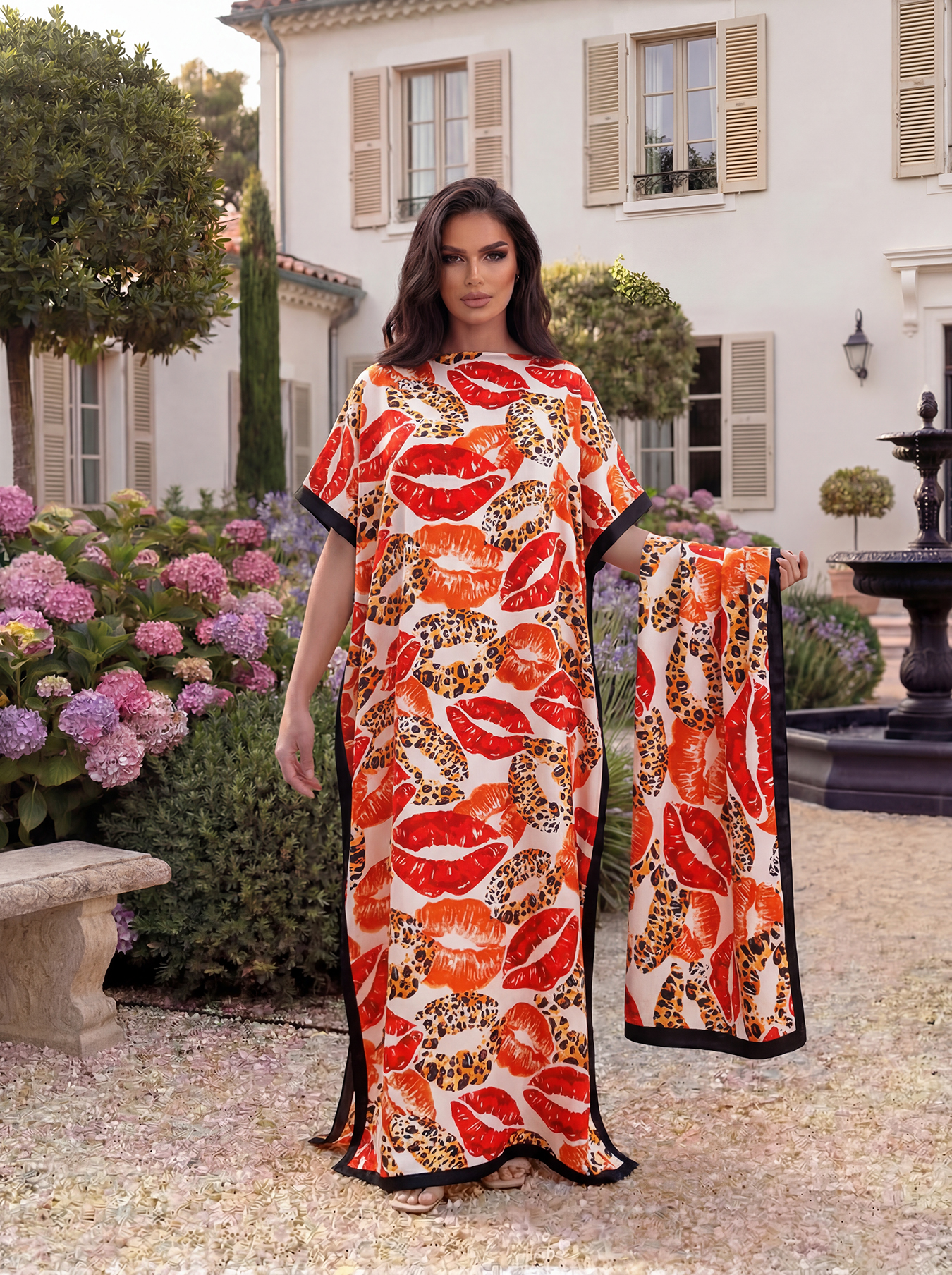Abaya à imprimé floral de Dubaï avec foulard, kaftan maxi ample à col bateau et manches chauve-souris pour femmes musulmanes africaines