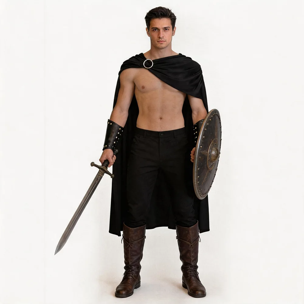 Déguisement de Chevalier Spartiate Guerrier Romain pour Hommes, Cape, Ceinture, Vêtements Noirs, Rouges, Marrons pour Fête de Carnaval