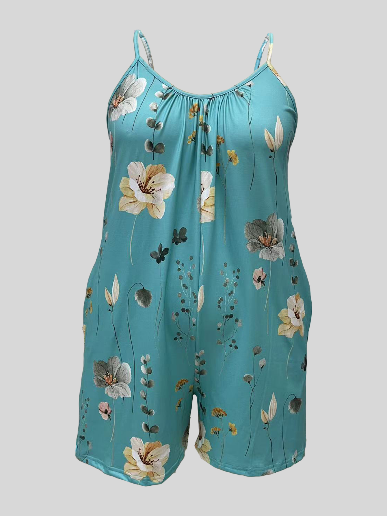 Combinaison barboteuse Cami imprimée grande taille, combinaison barboteuse sans manches froncée avec poches décontractées, vêtements grande taille pour femmes
