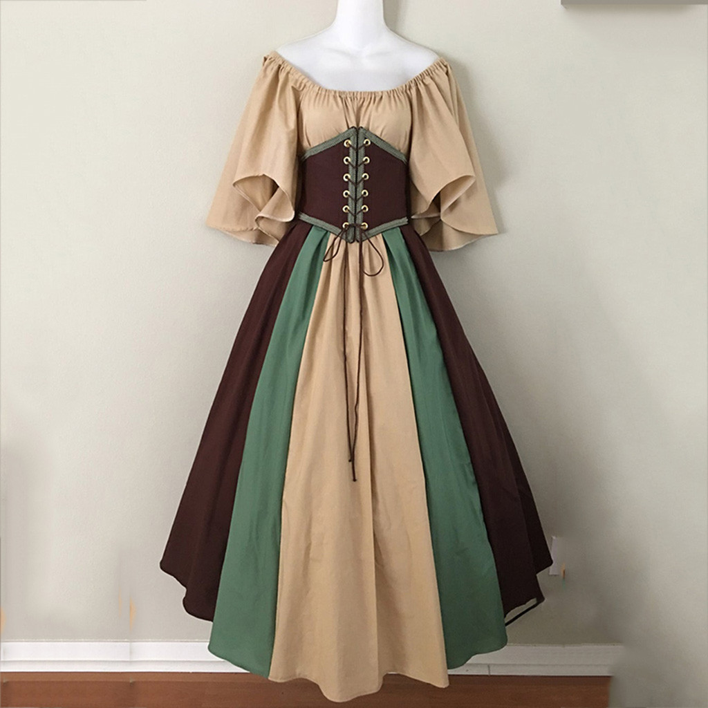 Robe longue gothique médiévale et Renaissance pour femme, style patchwork, épaules dénudées, idéale pour Halloween