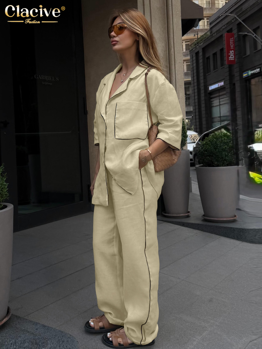 Ensemble 2 pièces décontracté en coton jaune Clacive Fashion pour femme : chemise à manches longues et pantalon large taille haute