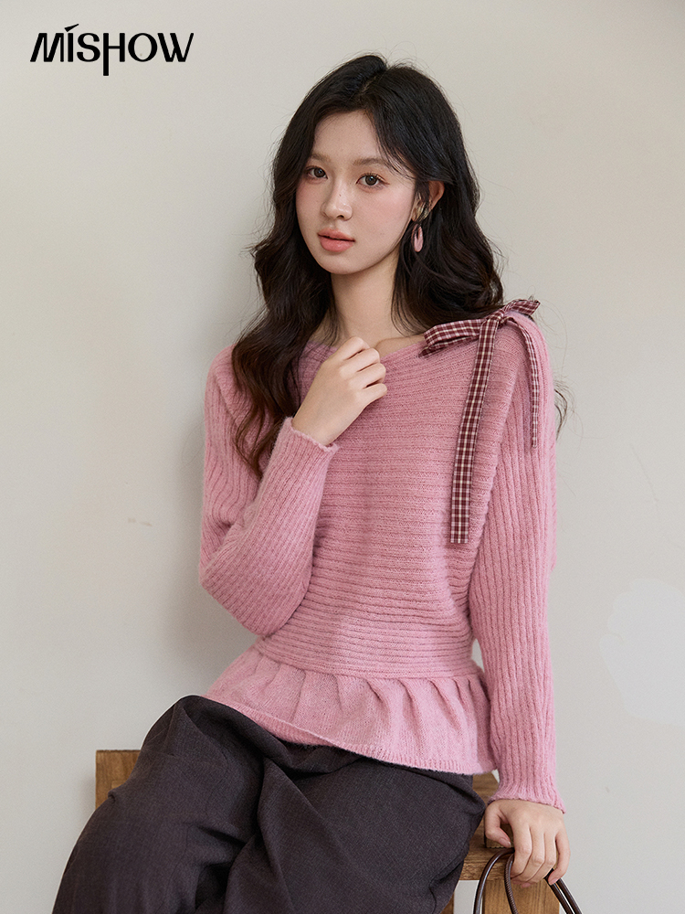 Pull en maille côtelée rose pour femme MISHOW, collection Printemps 2026, avec nœud décoratif à carreaux, ourlet peplum, manches longues, coupe ajustée, décontracté, MXF11Z3016