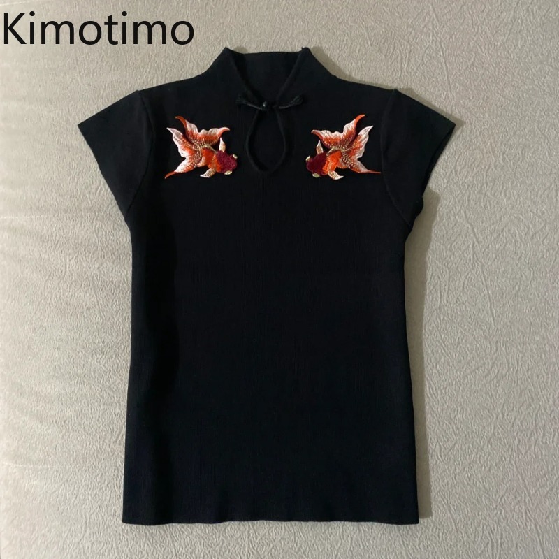Kimotimo T-shirt élégant brodé poisson rouge pour femme, mode coréenne chic, t-shirts d'été, vêtements vintage, hauts décontractés amincissants pour femmes