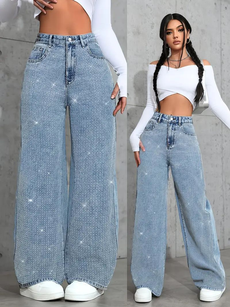 Jean ample grande taille pour femme, pantalon droit décontracté en Denim, élastique, extensible, coupe confortable, décoré avec des broderies de perles