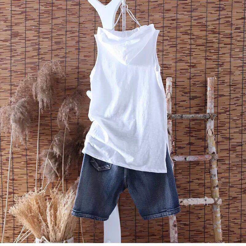 New Loose Hooded Sleeveless High Street Vest Summer Solid Loose Hole All-match Fashion T Shirt Tops Casual Trend Women Clothing