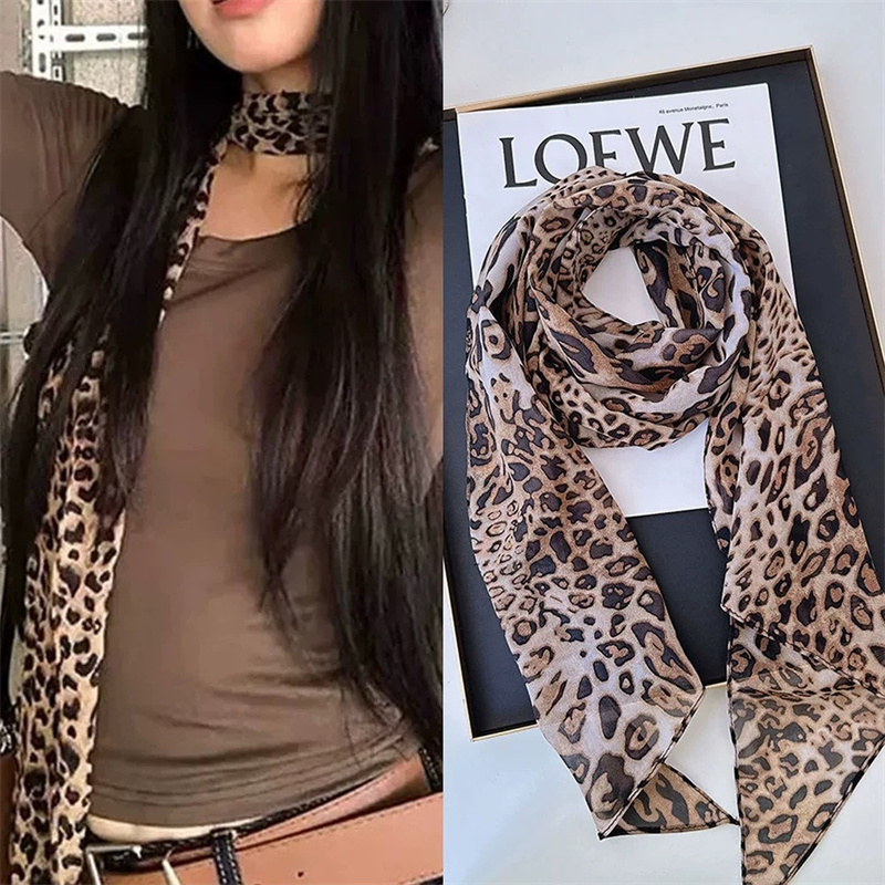 Foulard en soie imprimé léopard marron à pois pour femmes mince mode luxe longue étroite petites foulards en soie dames bandeau foulard