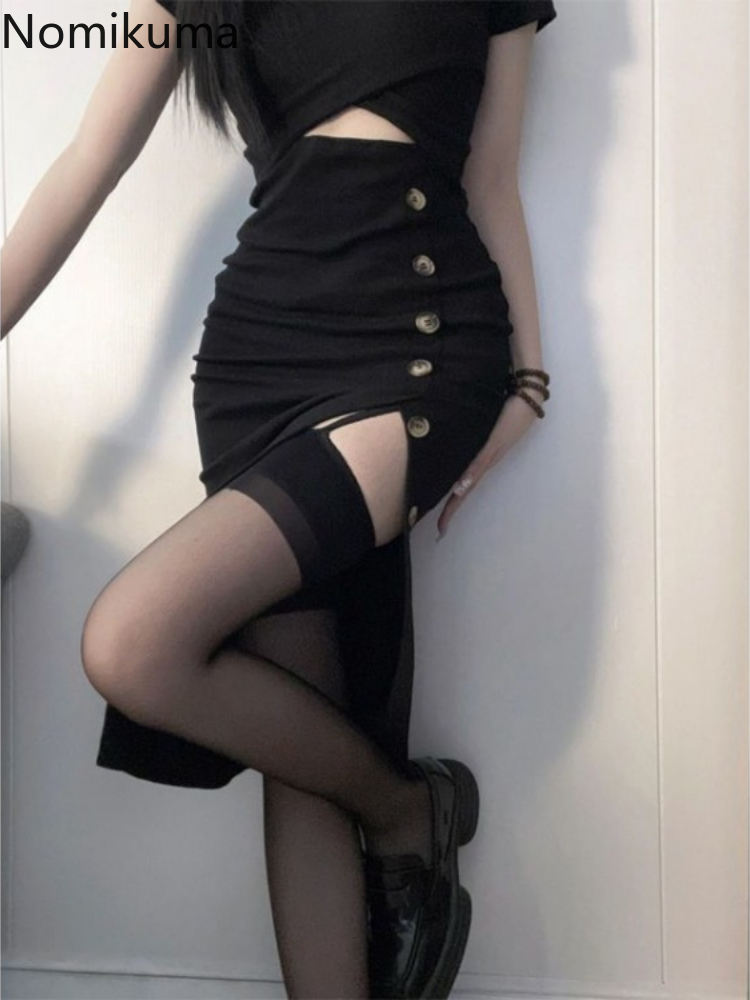 Robes noires Sexy pour femmes, manches courtes, ajouré, mode coréenne, tunique fendue, Robe d'été, 2025
