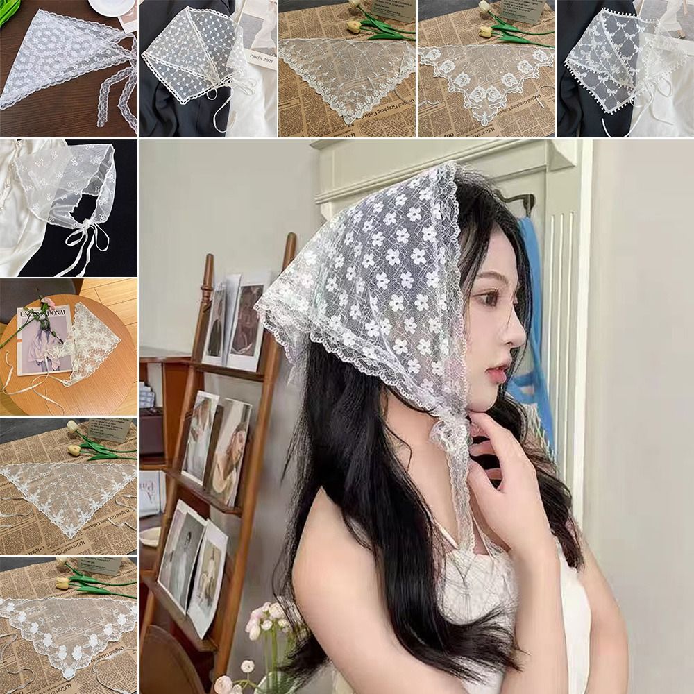 Foulard triangulaire en dentelle brodée blanc style pastoral, bandana pour cheveux ajouré, foulard floral tissé pour femmes et filles