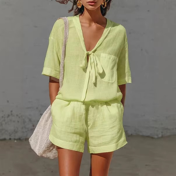 Ensembles de Blouses pour Femmes – 2 Pièces Décontractées en Promotion : Blouse à Lacets & Short Taille Haute Ample – NSFZC-Y3372