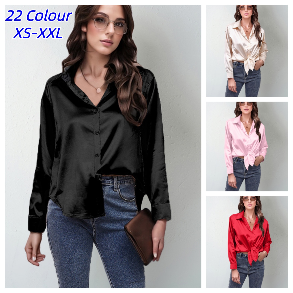 Chemisier élégant décontracté pour femme, style bureau, en satin multicolore, coupe slim, haut uni polyvalent, style français ample