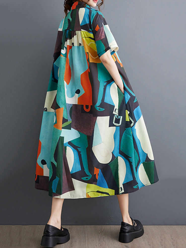 Nouvelles Robes Chemises Imprimées Vintage Été 2026 pour Femmes – Robe Midi Décontractée Ample à Manches Courtes – Vêtements Élégants et Tendance