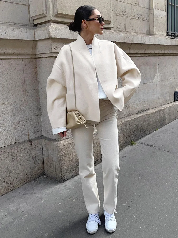 Manteau court en laine patchwork pour femmes, pardessus décontracté, streetwear, cardigan adt, manches longues, vêtements d'extérieur monochromes, Y2K, 2024