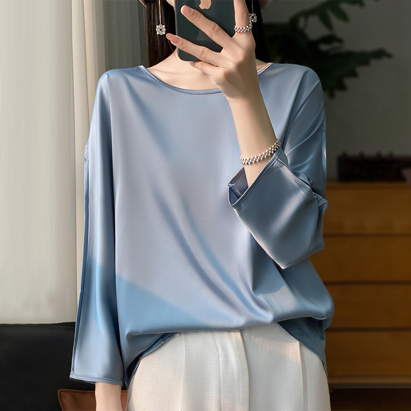 T-shirt à manches trois-quarts pour femmes, chemisier en satin monochrome décontracté, col rond, t-shirts en satin, vêtements pour femmes, été, nouveau