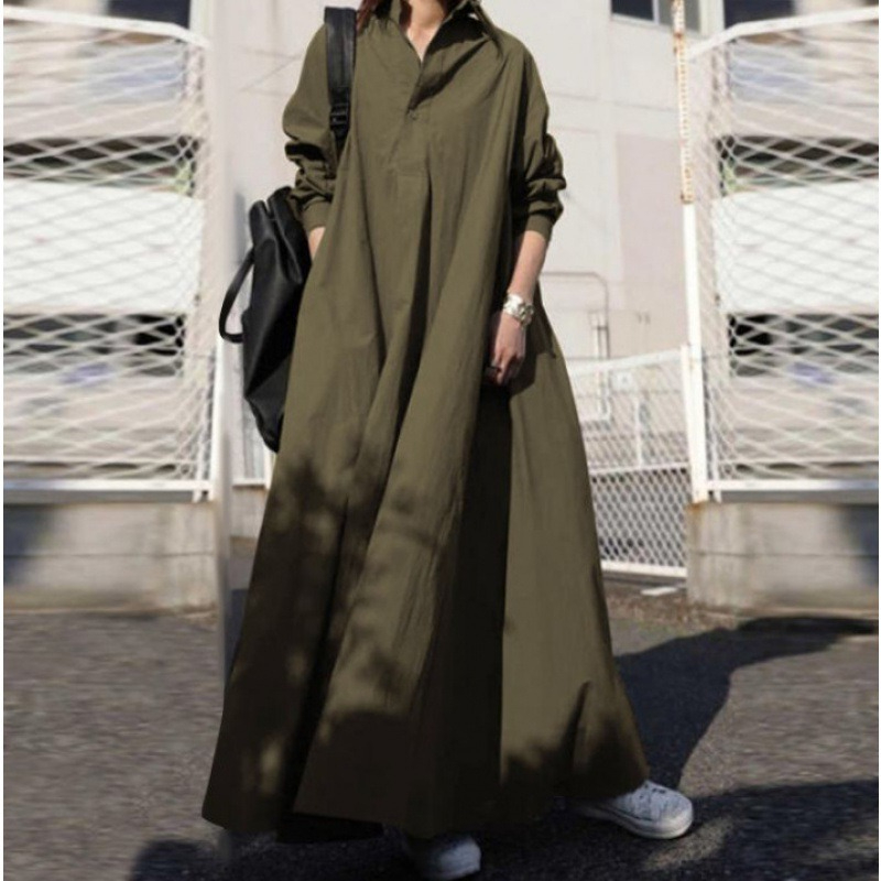 Autumn Spring Women Loose Long Sleeve Dress Cotton Linen Retro Ethnic Big Swing Muslim Abaya Elegant Eid Kaftan Plus Size S-5XL