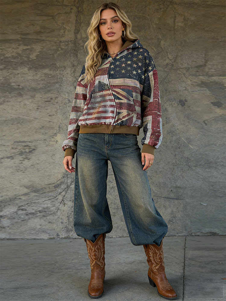 2026 Nouveau Femmes Zipper À Capuche Rétro Drapeau Imprimé À Capuche Sportswear Casual Street Wear Y2K À Manches Longues Top