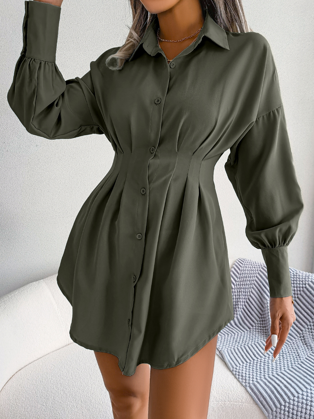 Femmes décontracté boutons à manches longues chemise robe automne 2026 couleur unie revers Mini robe blanc bleu armée vert femme vêtements