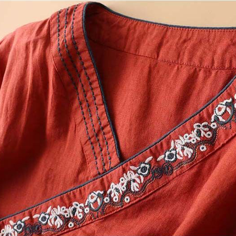 Chemisier en lin et coton de style ethnique pour femme, brodé, à manches 3/4, avec ceinture à nouer, coupe ample et respirante, style rétro décontracté pour le quotidien