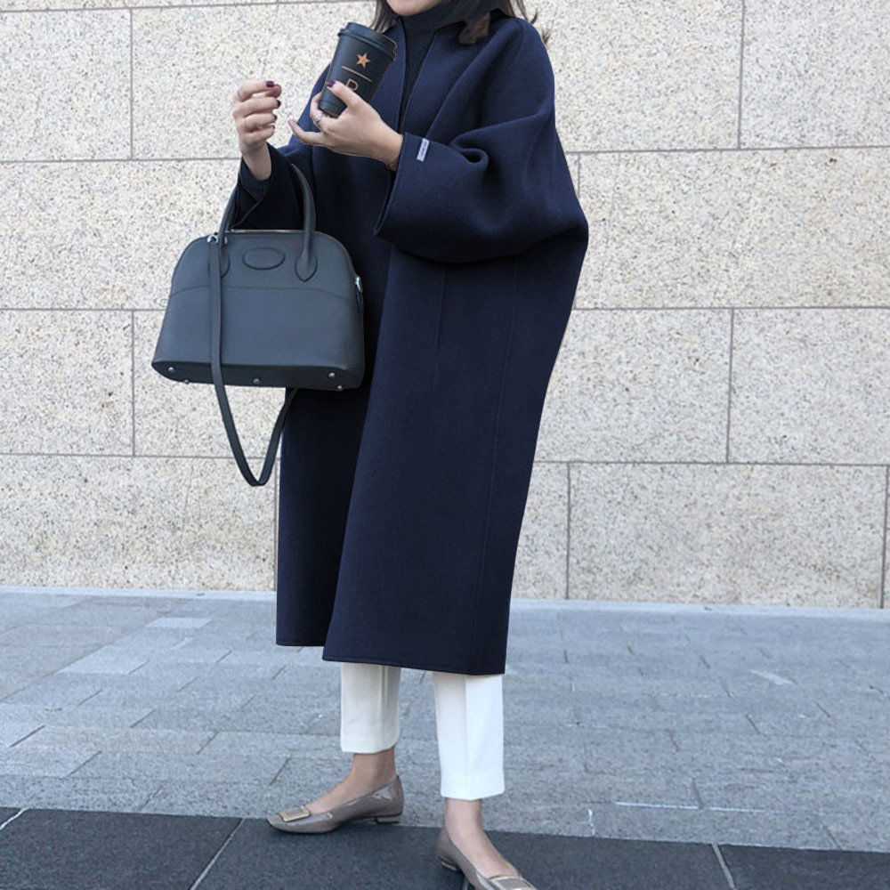 Femmes Cardigan mélanges col rond longs manteaux décontracté droit laine manteau coupe ample manches longues solide épissure vêtements d'extérieur régulier 2025