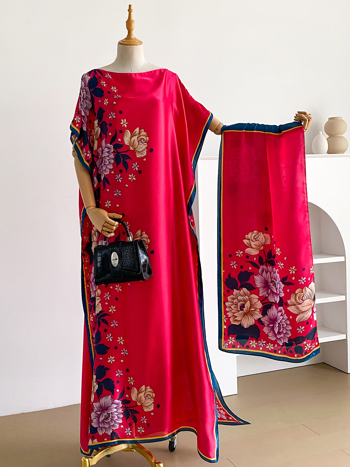 Abaya en satin imprimé floral avec foulard, kaftan maxi ample pour femmes musulmanes africaines, tenue d'été pour la plage et les vacances