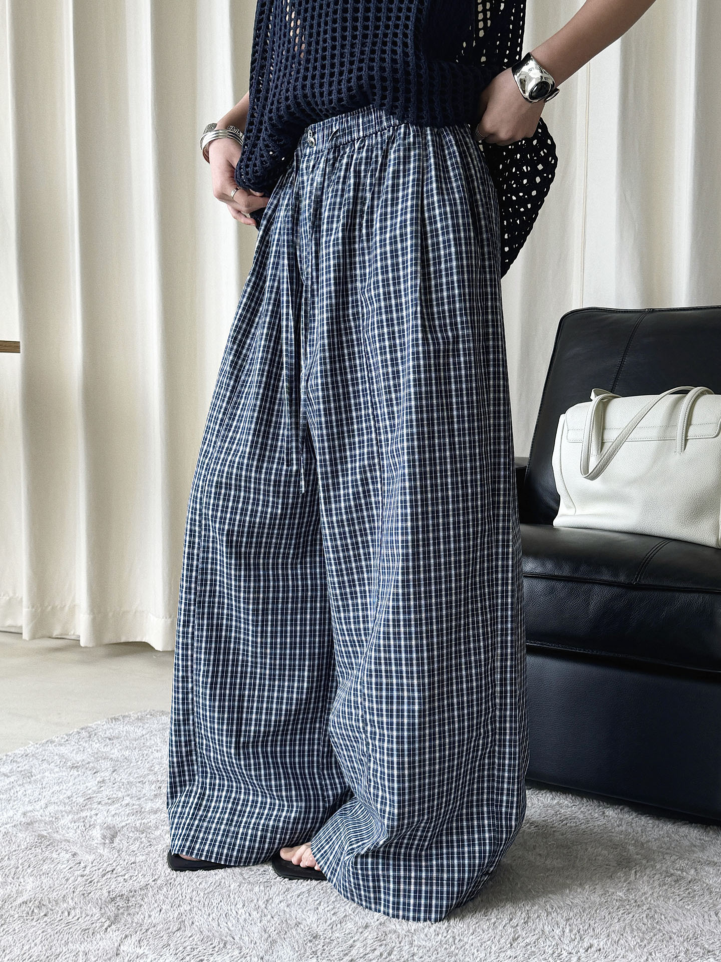 Pantalon décontracté à carreaux de style japonais pour femmes, avec cordon élastique, nouvelle collection d'été