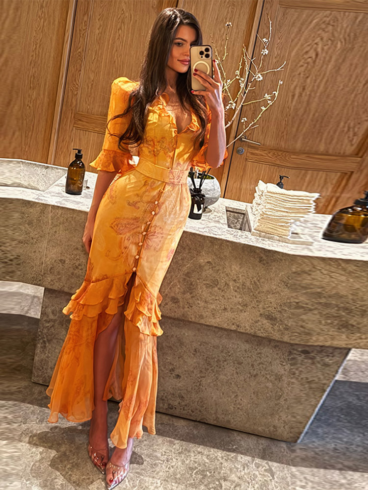 Robe décontractée imprimée pour femme, coupe ajustée, manches mi-longues, col en V, taille cintrée, avec volants, collection Printemps-Été 2026