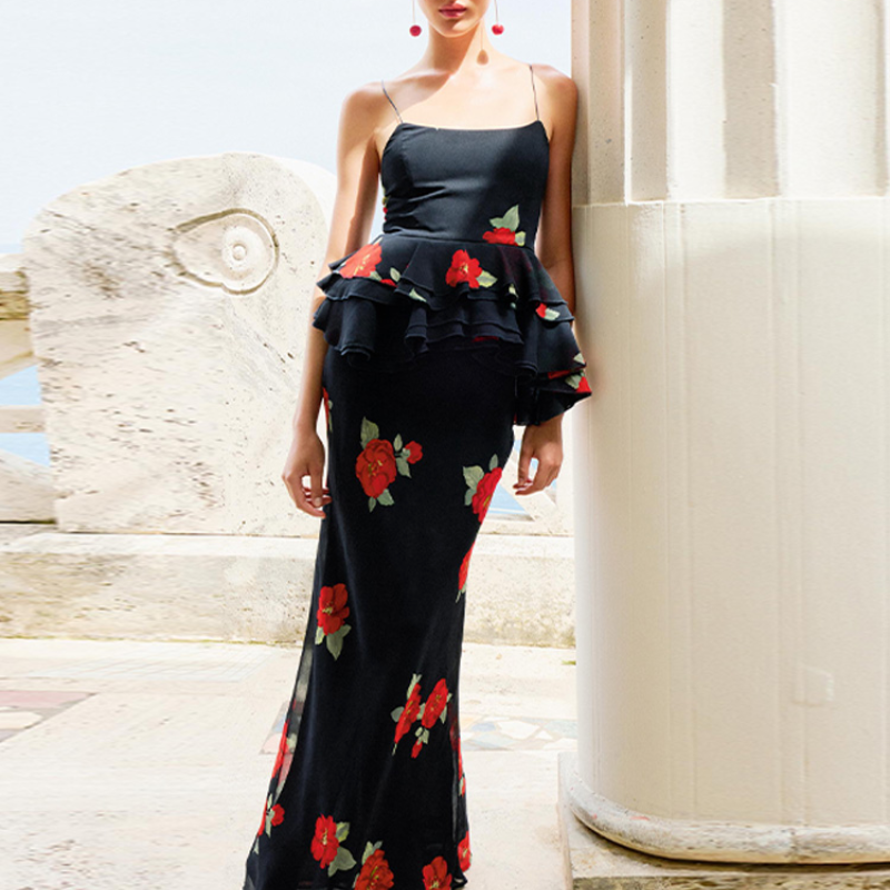 Élégant haut à volants jupe ensemble femmes Chic imprimé sans manches dos nu fronde haut hanche paquet jupe longue ensembles 2025 été dame robe