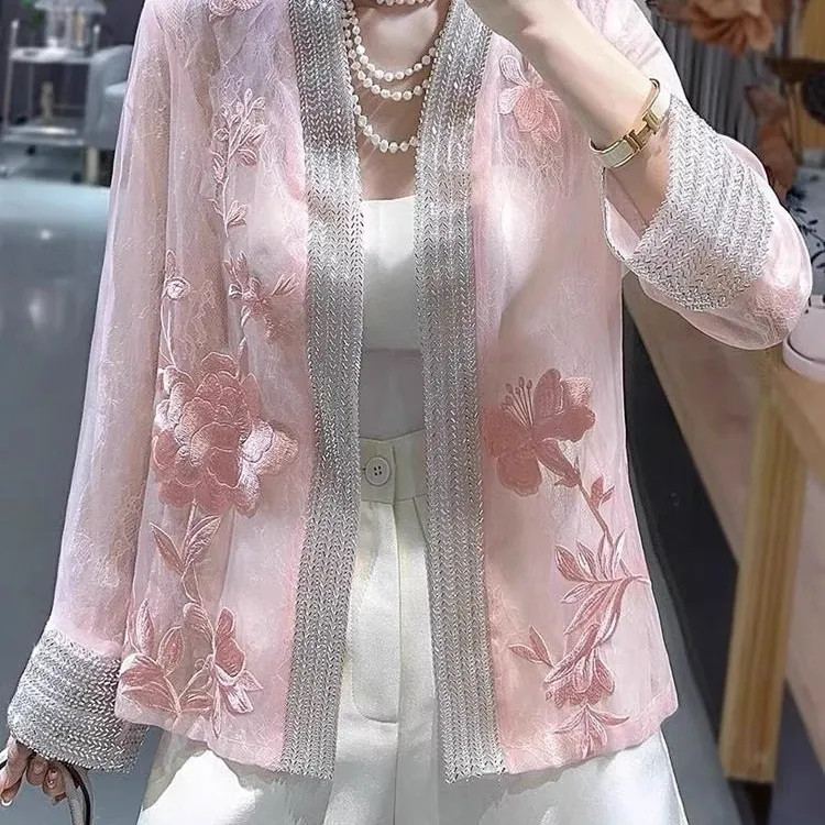 Printemps/été nouveau chinois femmes vêtements perle broderie rétro ample décontracté crème solaire manteau femme haute qualité vêtements d'extérieur femmes haut