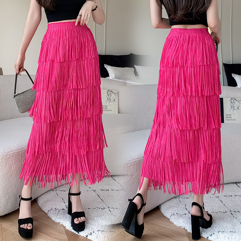 Jupe longue à franges avec doublure pour femme, taille élastique, ligne A, noir et blanc, mode printemps et été
