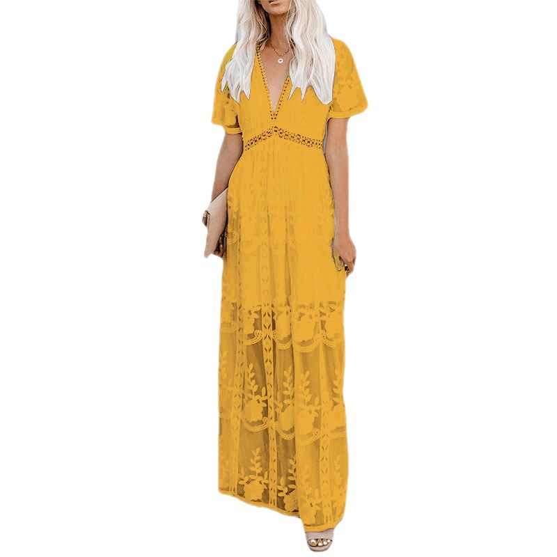 Robe longue en dentelle 2025, élégante, à taille décorée, manches courtes, col en V, couleur unie, nouvelle collection été, jupe tendance pour femmes.