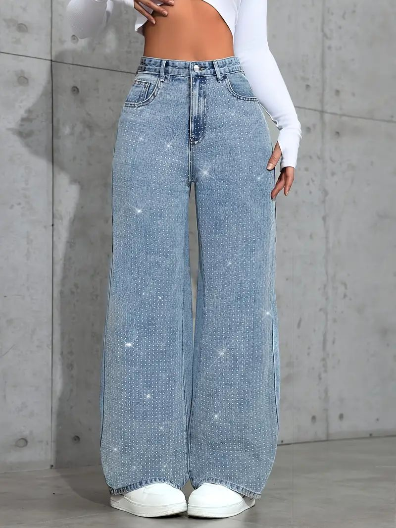 Jean ample grande taille pour femme, pantalon droit décontracté en Denim, élastique, extensible, coupe confortable, décoré avec des broderies de perles
