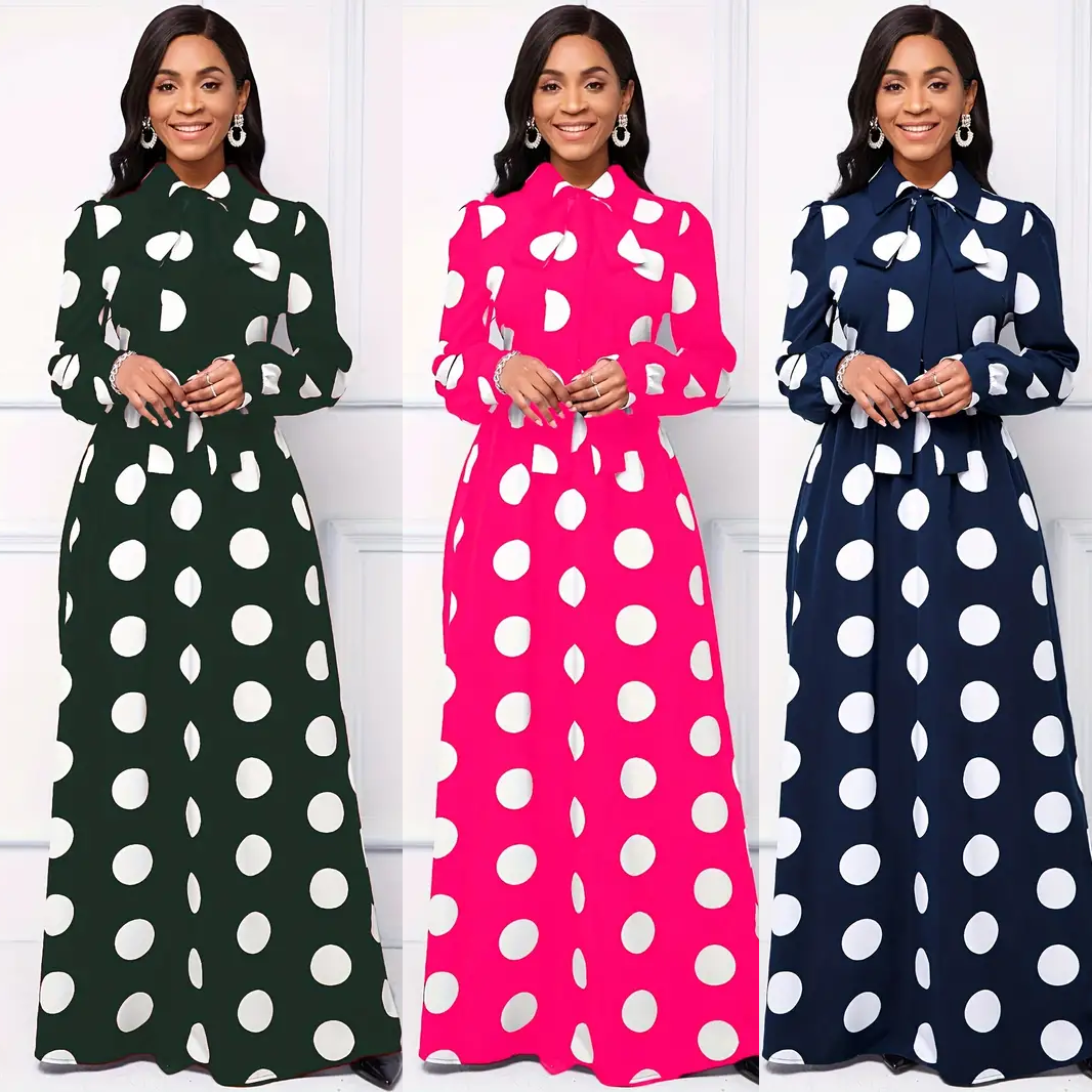 Robe maxi à manches longues pour femmes, robes décontractées pour femmes, robe élégante pour filles, nœud papillon, pois, éducatif