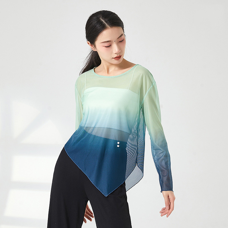 Tenues de danse classique pour femmes, haut en maille, chemise en tulle, document nickel é, ourlet irrégulier, chemisier à col rond mince, vêtements de performance modernes
