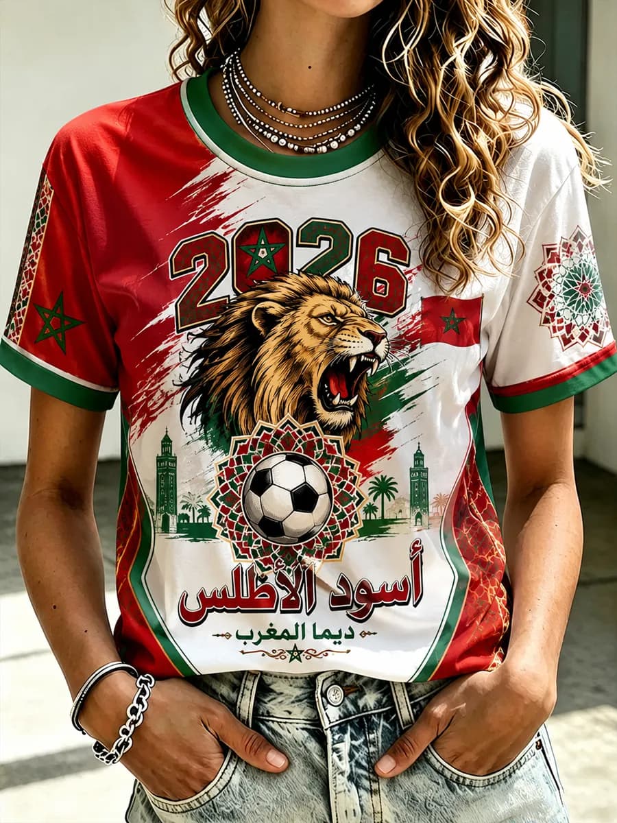 T-shirt de sport décontracté pour femme, col en V, avec drapeau de l'équipe nationale du Maroc 2026, écusson « MAROCCO » et bordure traditionnelle