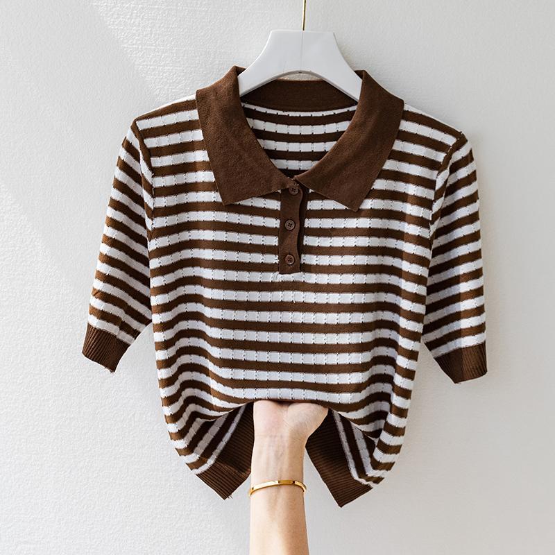 Pull à manches mi-longues en soie glacée pour femme, haut d'été à revers court rayé, à la mode, haut de gamme, Polo