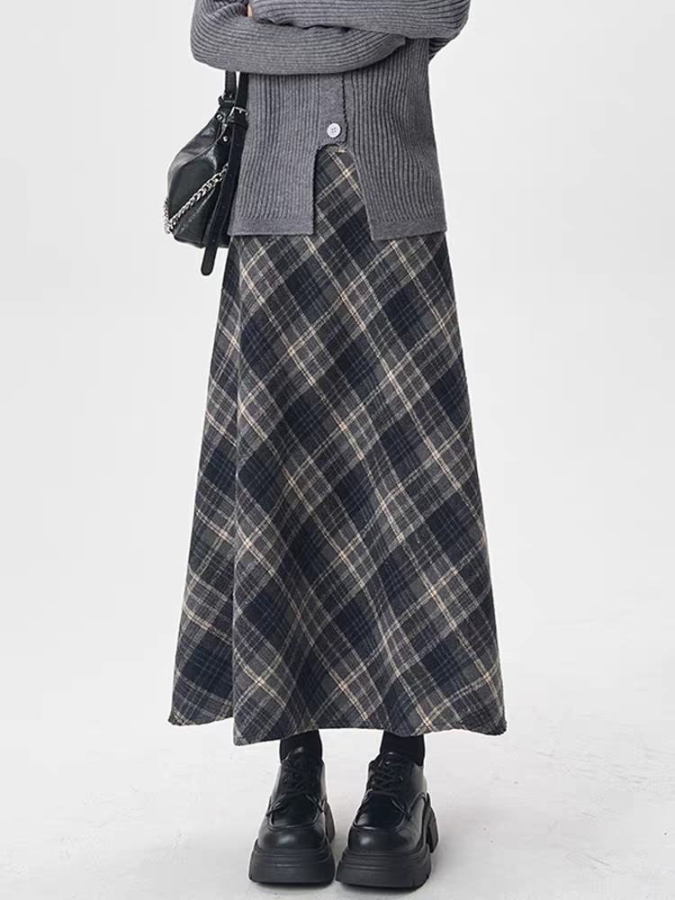Jupe Madi trapèze à carreaux doux avec taille élastique, jupes évasées taille haute pour femmes, confort extensible, automne hiver 2025