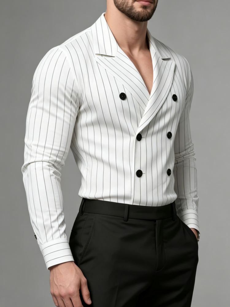 Chemise de luxe à rayures verticales pour homme, col à revers, col en V profond, manches longues, coupe ajustée, pour mariage, club, affaires, tenue formelle