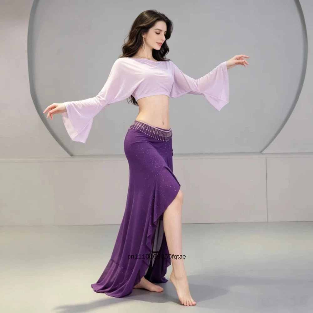 Nouvelle tenue de danse orientale pour femmes, ensemble jupe longue fendue à manches trompette, costume de performance et d'entraînement de danse du ventre