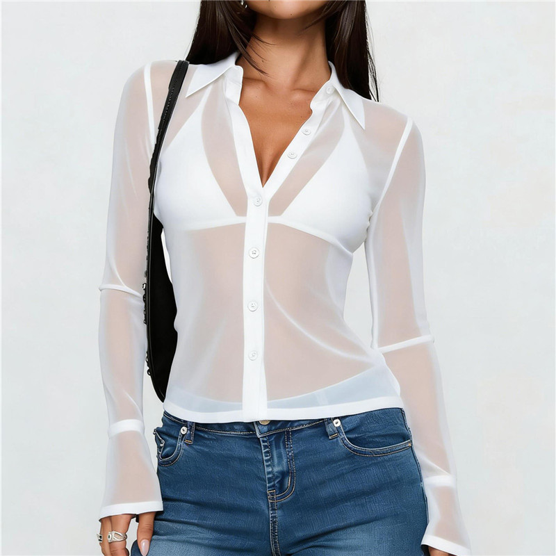 Chemises à boutons transparentes hirigin pour femmes, chemisier à manches longues en maille transparente, chemise à boutons sexy, hauts pour sortir, streetwear