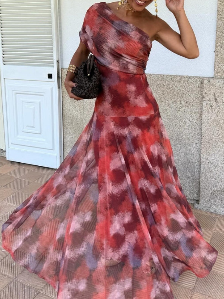 Robe longue imprimée bohème chic à une épaule pour femme, dos nu, décontractée, ajourée, pour soirée estivale