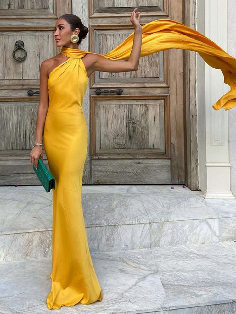 Robe de soirée longue en Satin avec ruban élégant pour femmes, couleur unie, sans manches, dos nu, robes de soirée chics, printemps été 2025