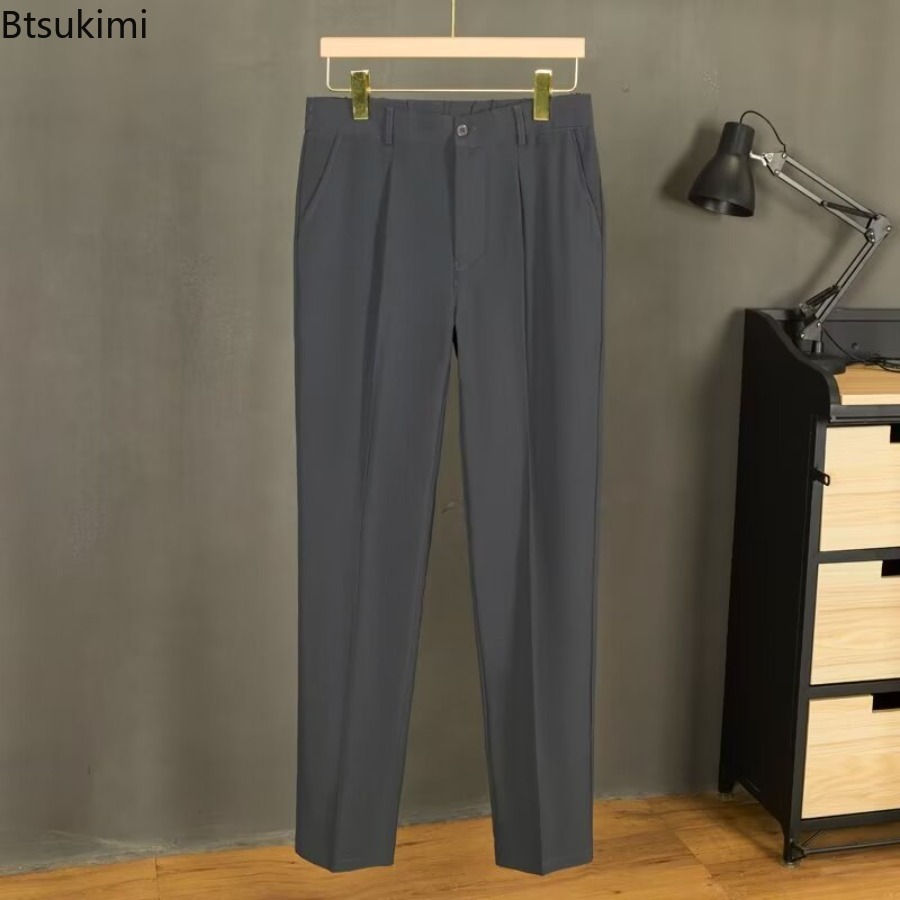 Pantalon d'été taille moyenne pour hommes, tenue décontractée, couleur unie, boutons, Slim, formel, bureau, Social, robe de soirée de mariage, costume