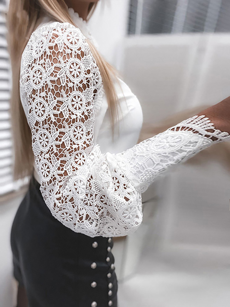 chemise femme manche longue élégant bureau dames blanche col dentelle Patchwork évider bouton Up haut femme et chemisier femme 2025 mode nouvelle collection vêtement femme