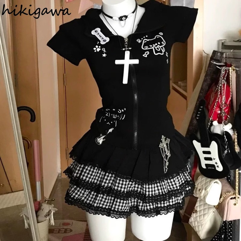 Mini jupes japonaises pour femmes, Streetwear, Patchwork en dentelle, Plaid Saia 2025, ligne a, mode Punk Y2k