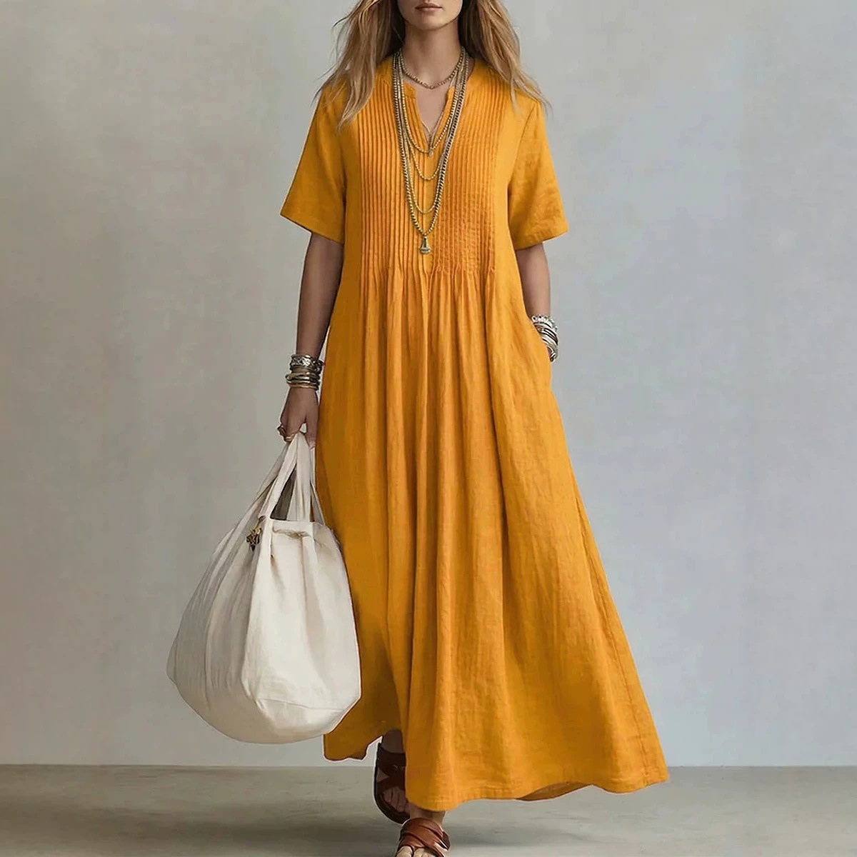 Robes pour femmes 2026 : Nouvelle collection décontractée, ample, col en V, manches courtes, plissée, en coton et lin, longue robe pour femme